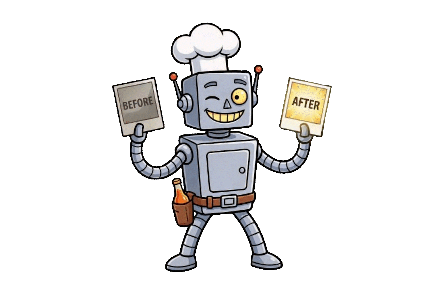 Mr. Sauce robot mascot holding before and after photos